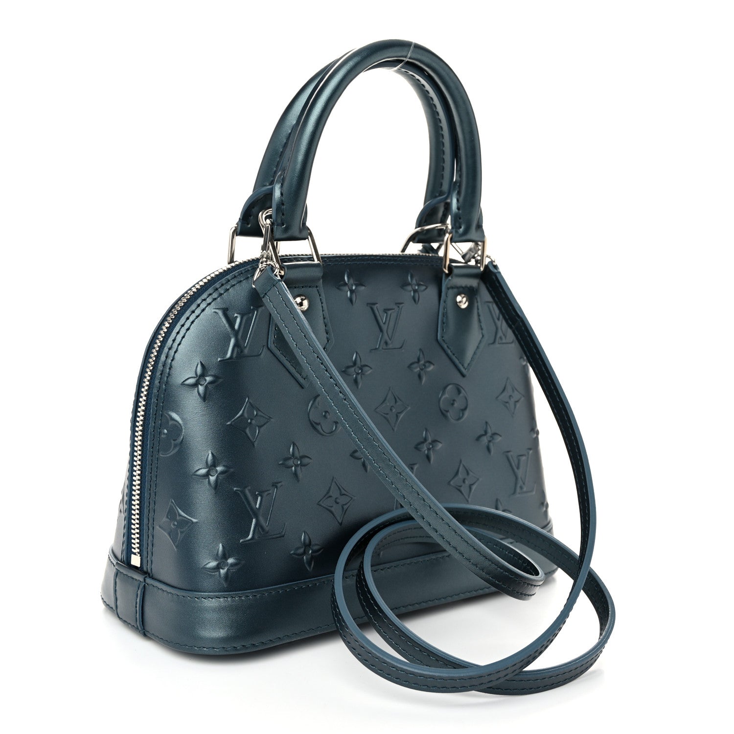 Metallic Calfskin Debossed Monogram Alma BB Steel Blue
