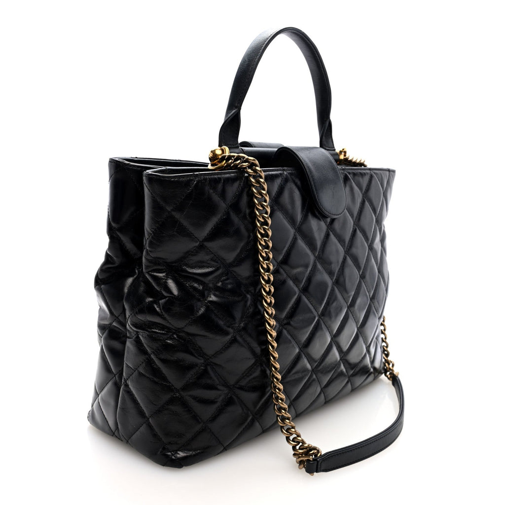 Glazed Calfskin Quilted Gold Bar Tote Black