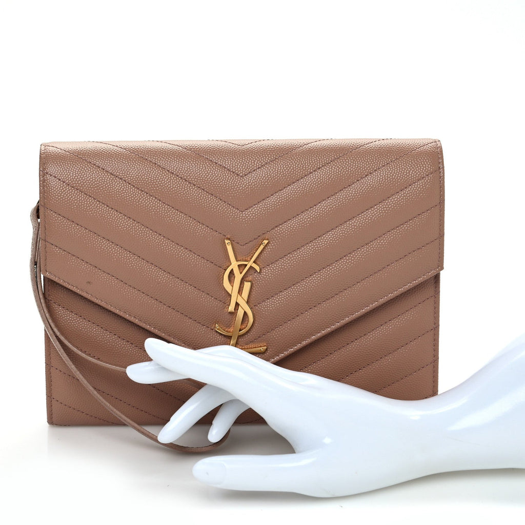 Grain De Poudre Matelasse Chevron Monogram Cassandre Flap Pouch Natural Dark