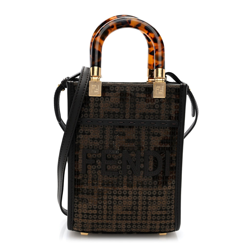 Fabric Jacquard Paillettes Vitello Seta Plexiglass FF 1974 Embroidered Mini Fendi Sunshine Shopper Tote Tobacco Moro
