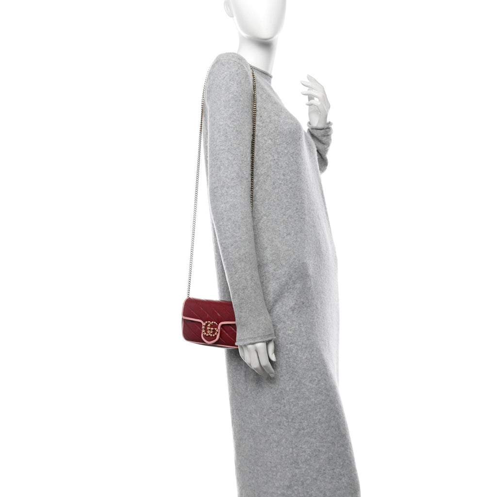 Azalea Calfskin Enamel Matelasse Diagonal Super Mini Torchon GG Marmont Shoulder Bag New Cherry Red Wild Rose