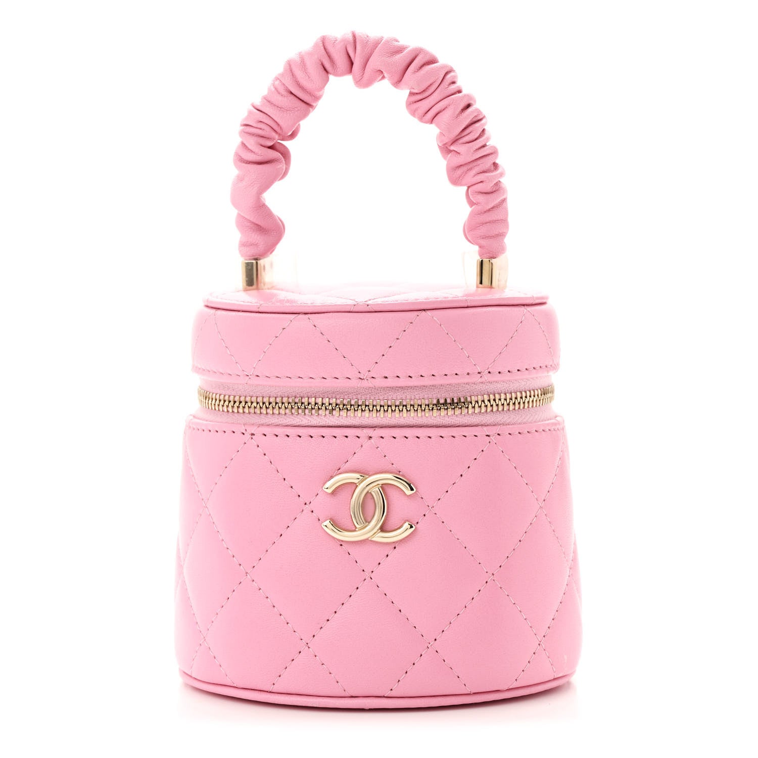 Lambskin Quilted Ruched Handle Vanity Case Pink