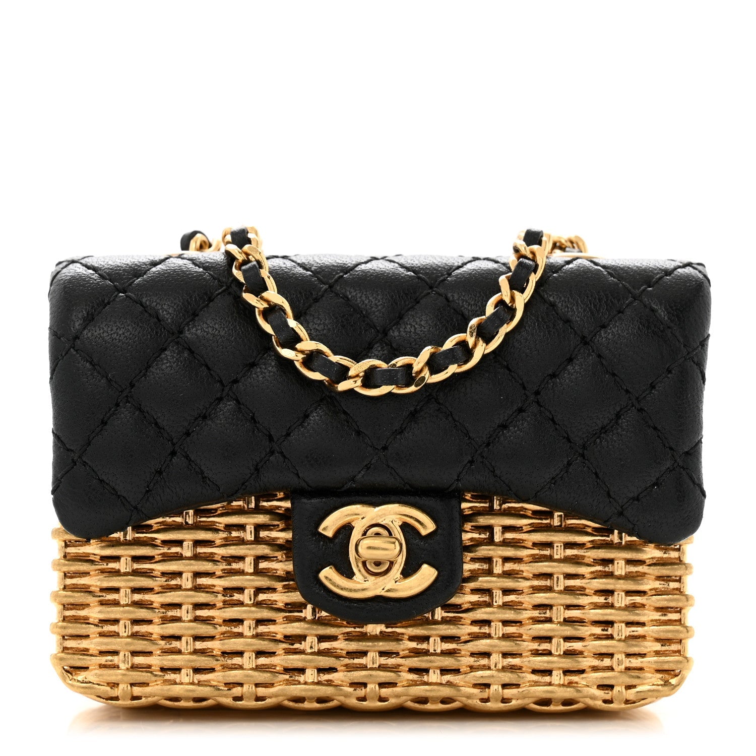 Woven Metal Lambskin Quilted Micro Flap Black Gold