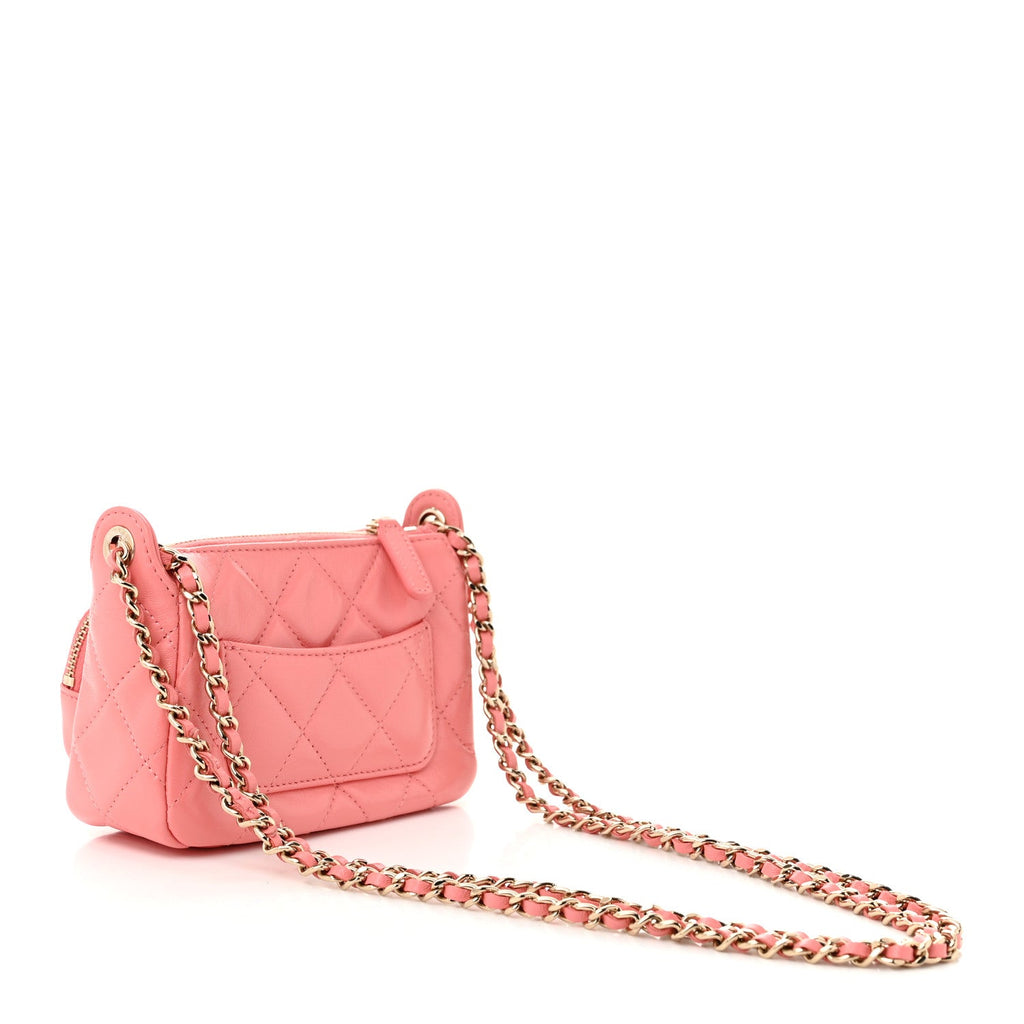 Shiny Crumpled Lambskin Quilted Mini Clutch With Chain  Pink