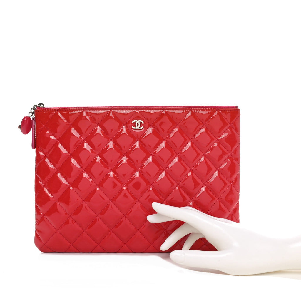 Patent Calfskin Quilted Valentine Hearts Medium O Cosmetic Case Dark Pink