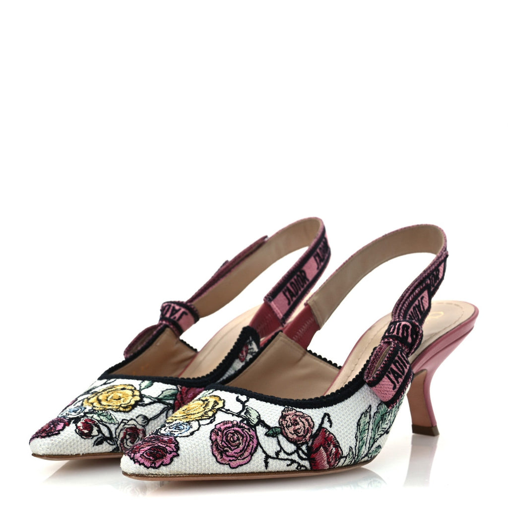 Canvas Florilegio Embroidered Ribbon J'Adior Slingback Pumps 38 White Multicolor