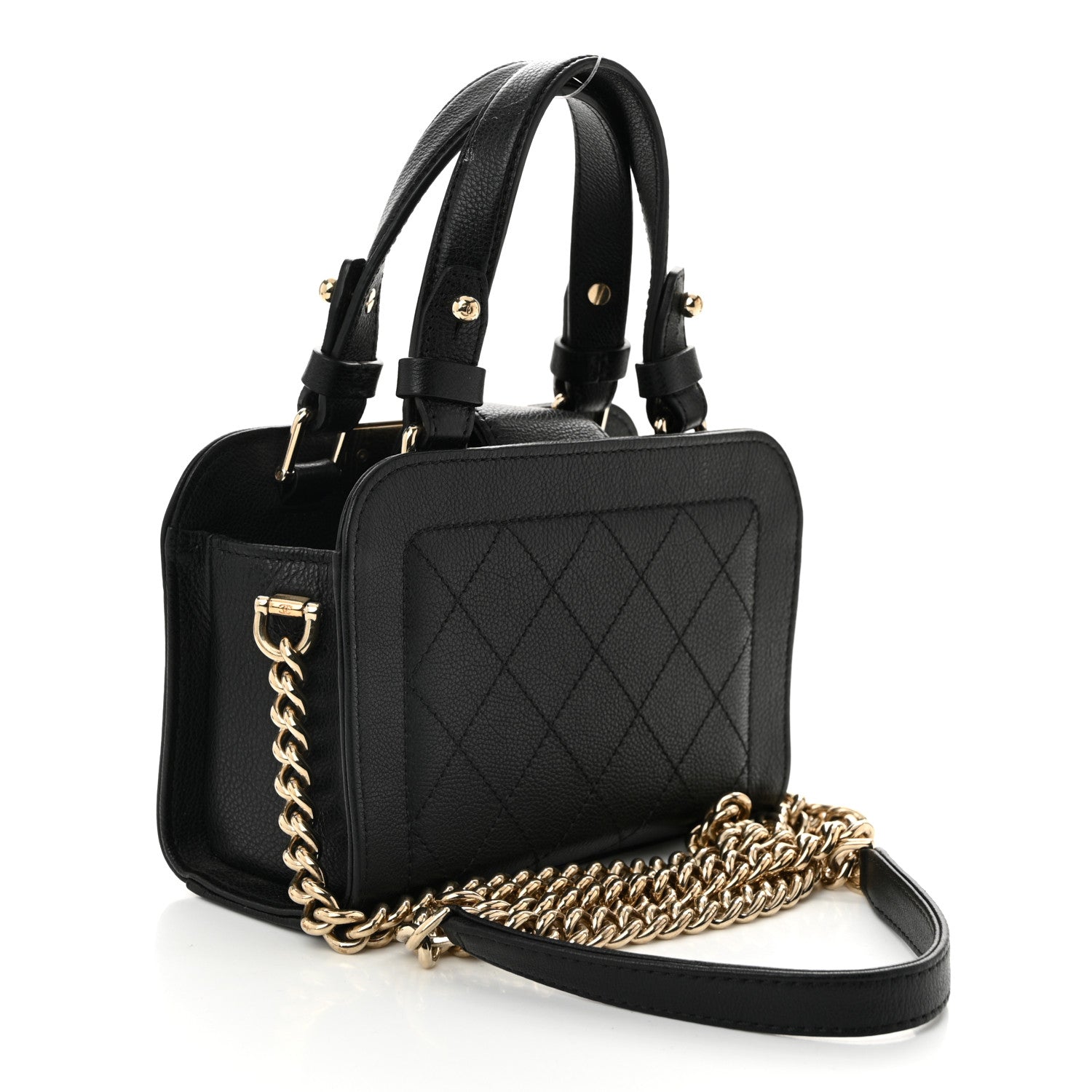Grained Calfskin Stitched Mini Label  Shopper Tote Black