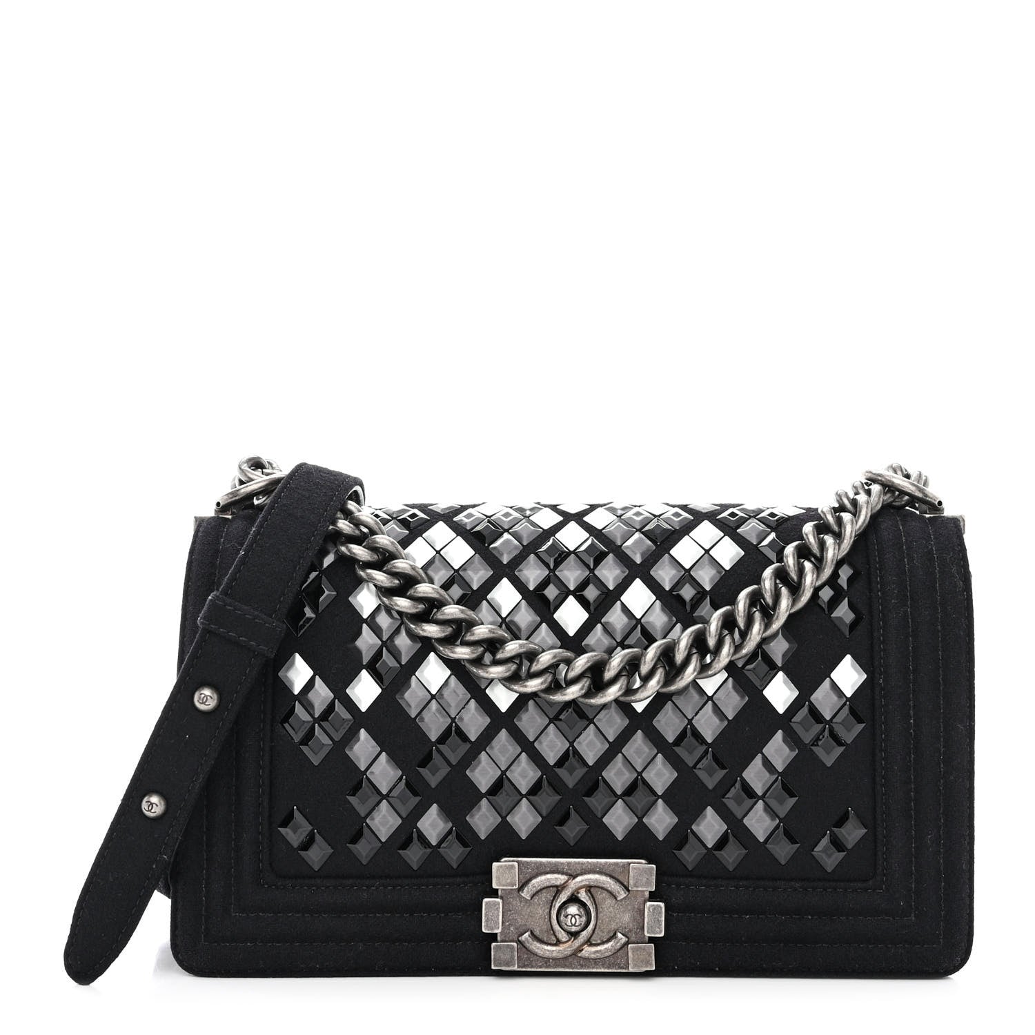 Wool Lambskin Embroidered Mosaic Medium Boy Flap Black