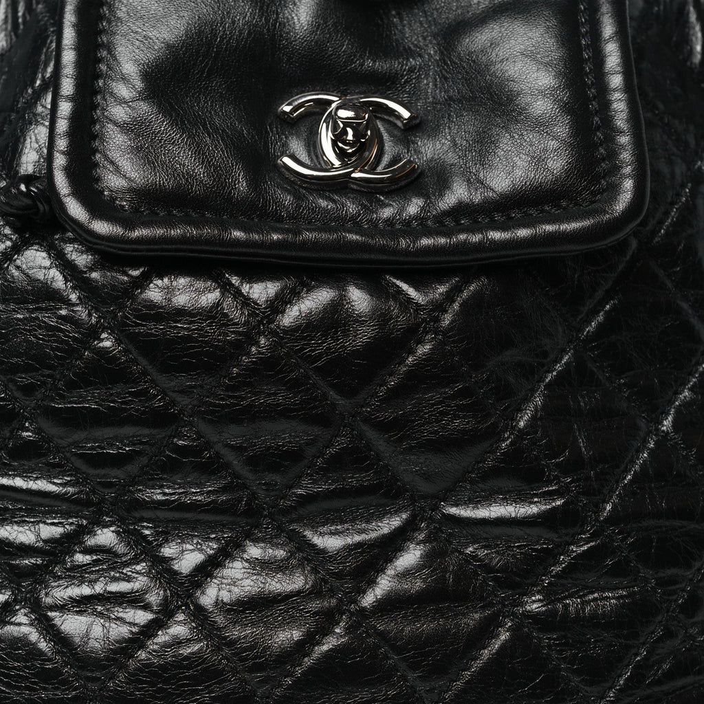 Glazed Calfskin Quilted Beijing Backpack Black
