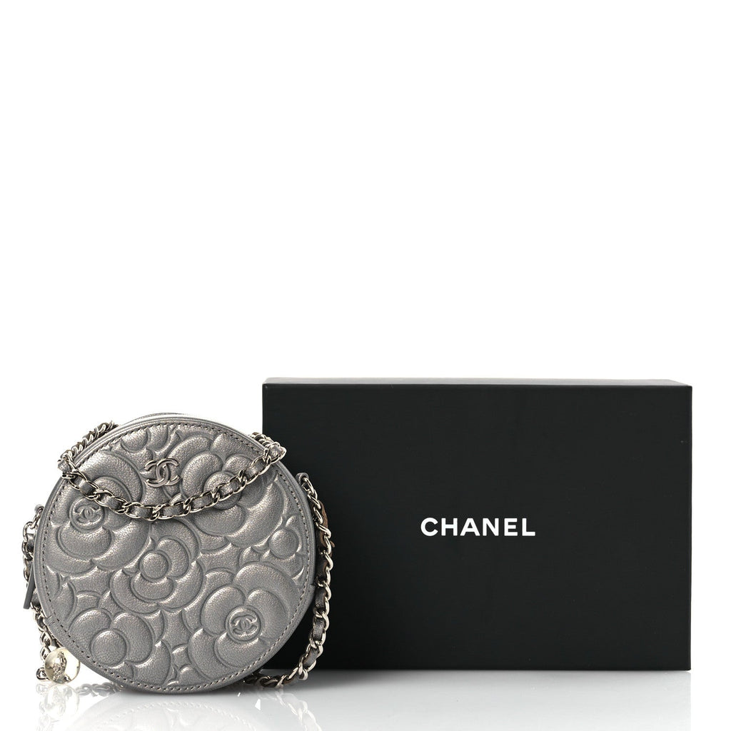 Goatskin Camellia Embossed Round Clutch With Chain Grey