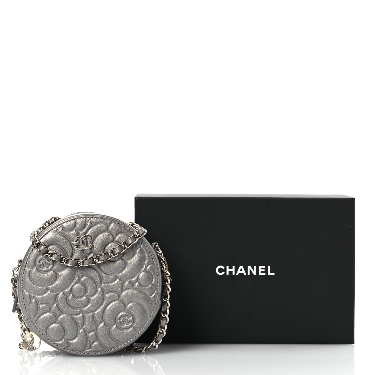 Goatskin Camellia Embossed Round Clutch With Chain Grey