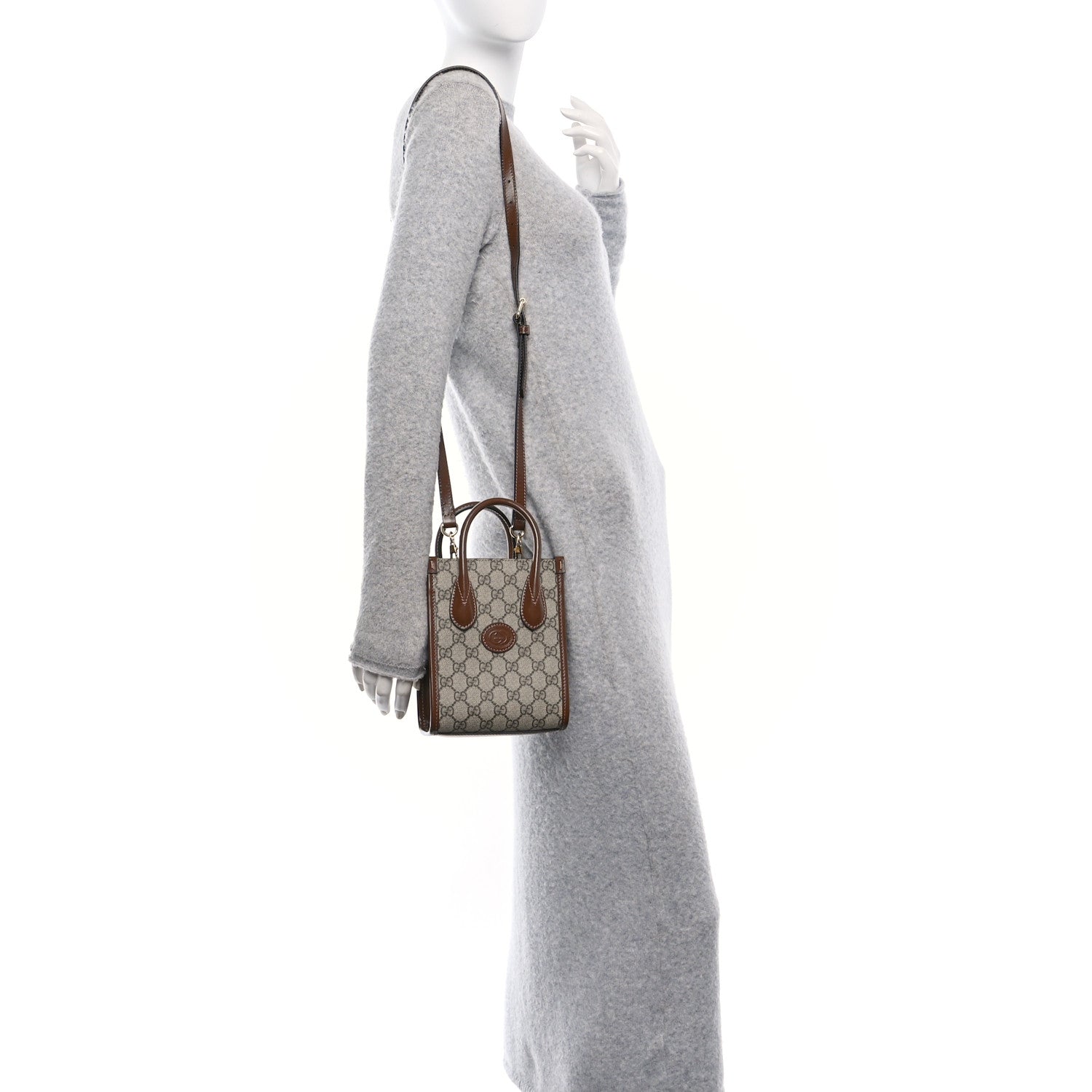 GG Supreme Monogram Azalea Calfskin Mini Retro Interlocking G Tote Bag Beige Ebony Brown Sugar