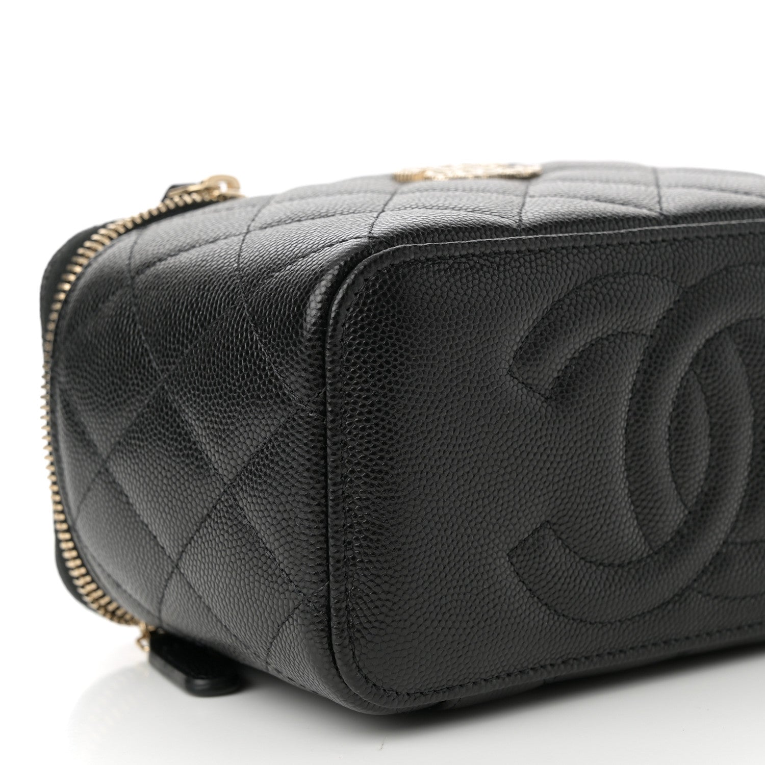 Caviar Quilted Crystal Hearts Small Vanity Case With Chain Black