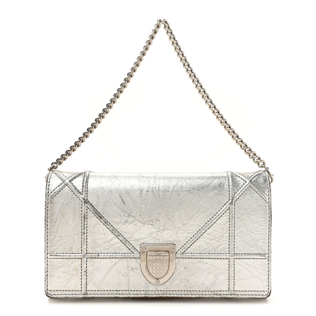 Metallic Crinkled Lambskin Diorama Croisiere Chain Wallet Silver