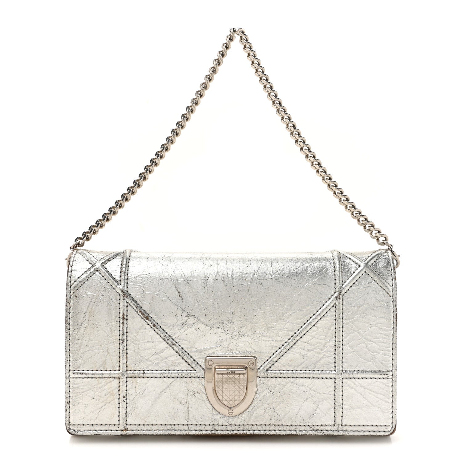 Metallic Crinkled Lambskin Diorama Croisiere Chain Wallet Silver