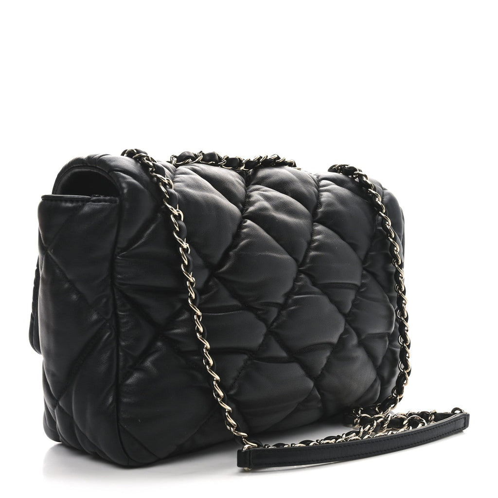 Calfskin Quilted Large Bubbly Flap Black