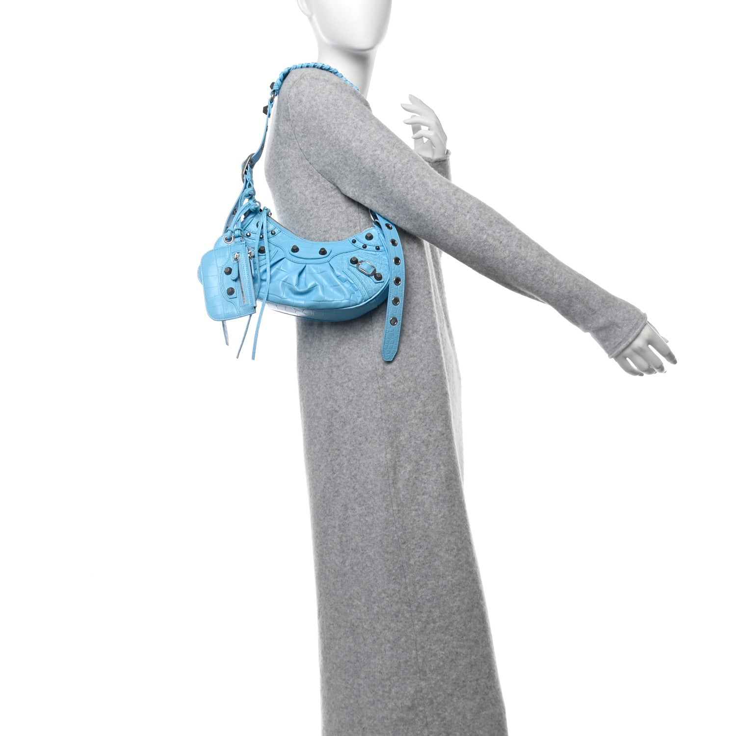 Extra Supple Calfskin Crocodile Embossed Le Cagole Shoulder Bag XS Sky Blue