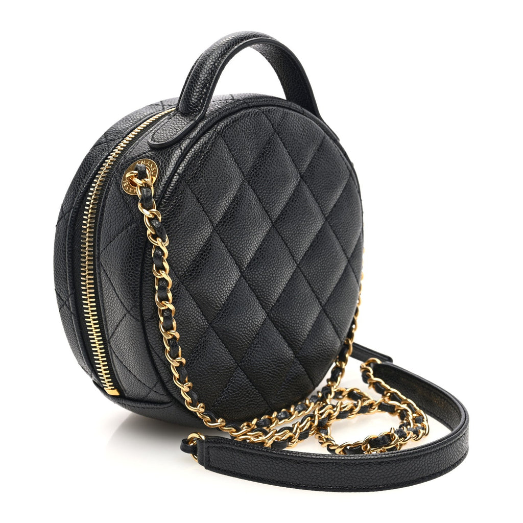 Caviar Quilted Small Round Vanity With Chain  Black