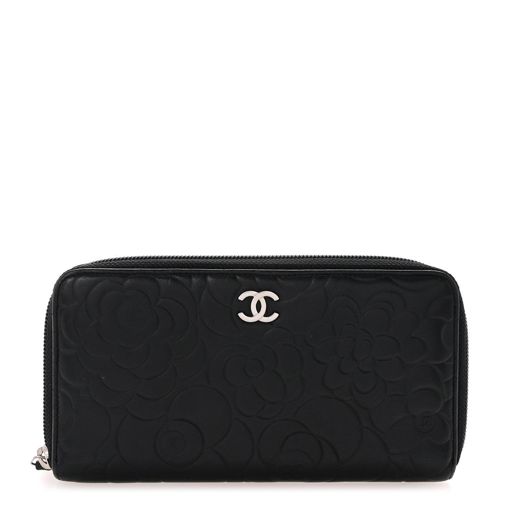 Lambskin Camellia Embossed Large Zip Around Gusset Wallet Black