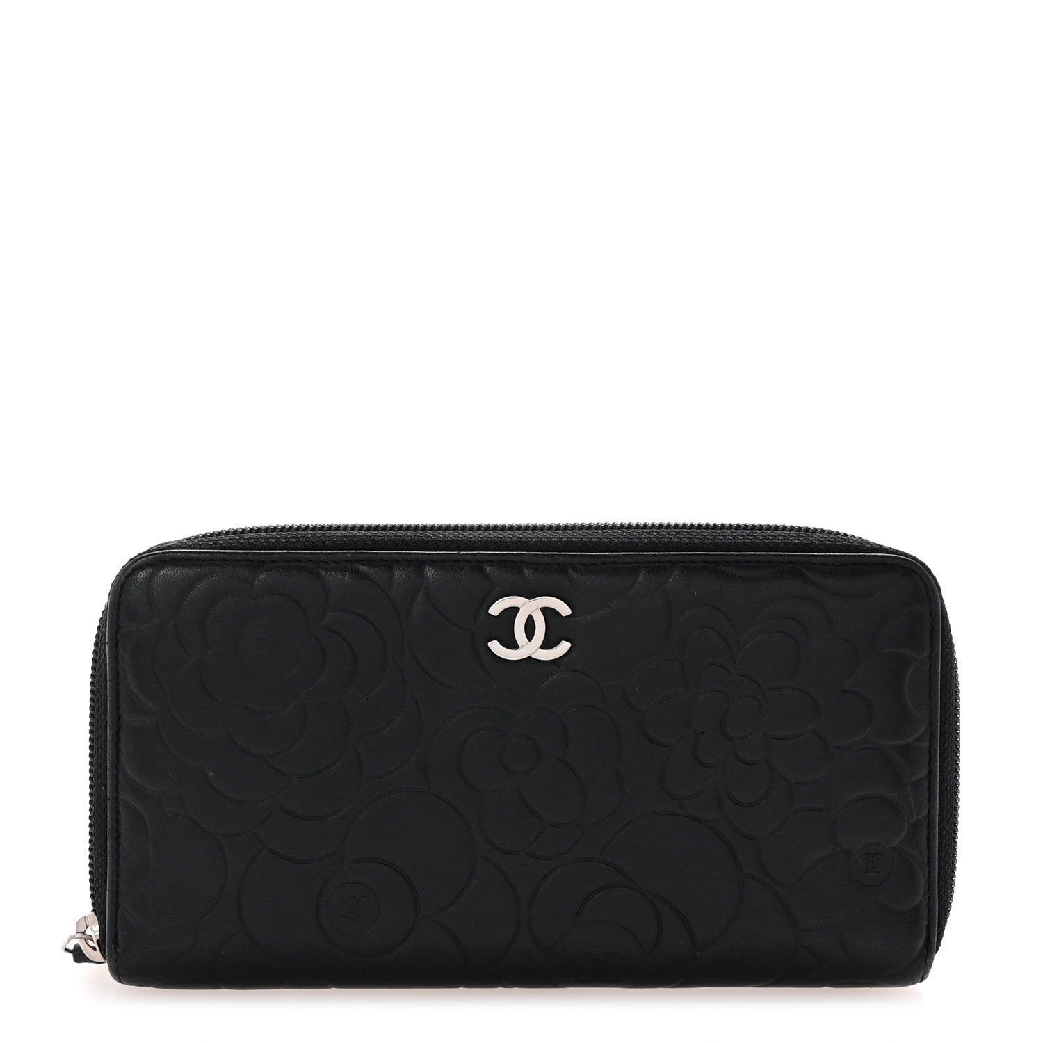 Lambskin Camellia Embossed Large Zip Around Gusset Wallet Black
