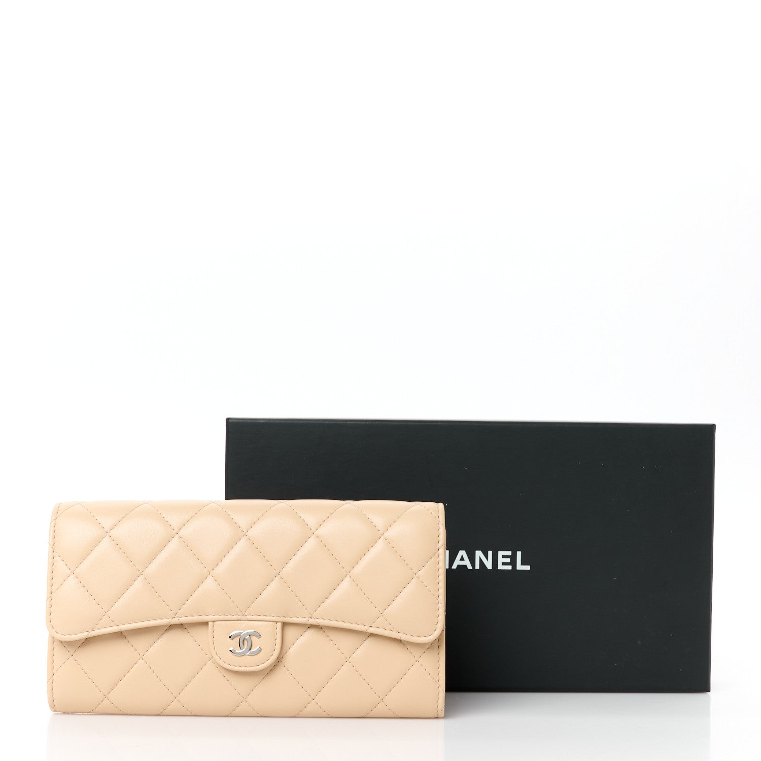 Lambskin Quilted CC Large Gusset Flap Wallet Beige