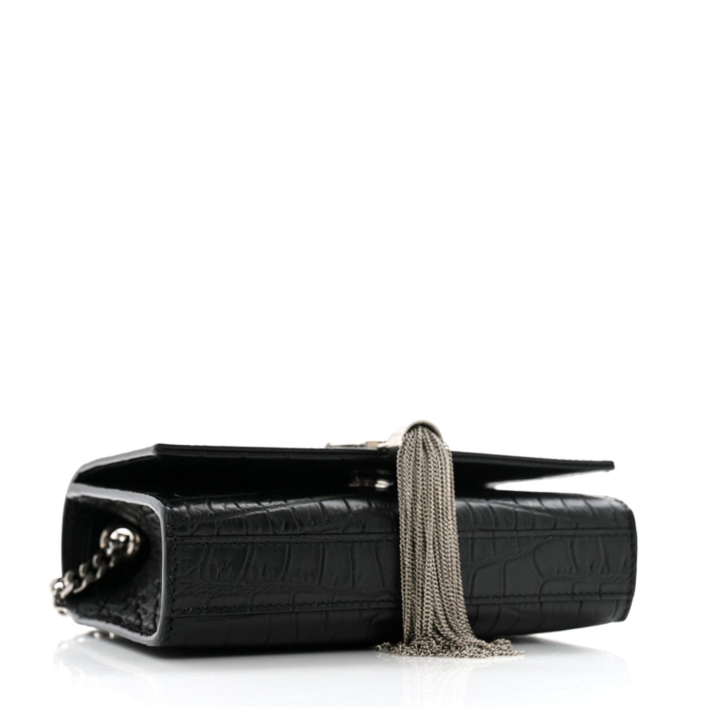 Calfskin Crocodile Embossed Small Classic Monogram Kate Tassel Satchel Black