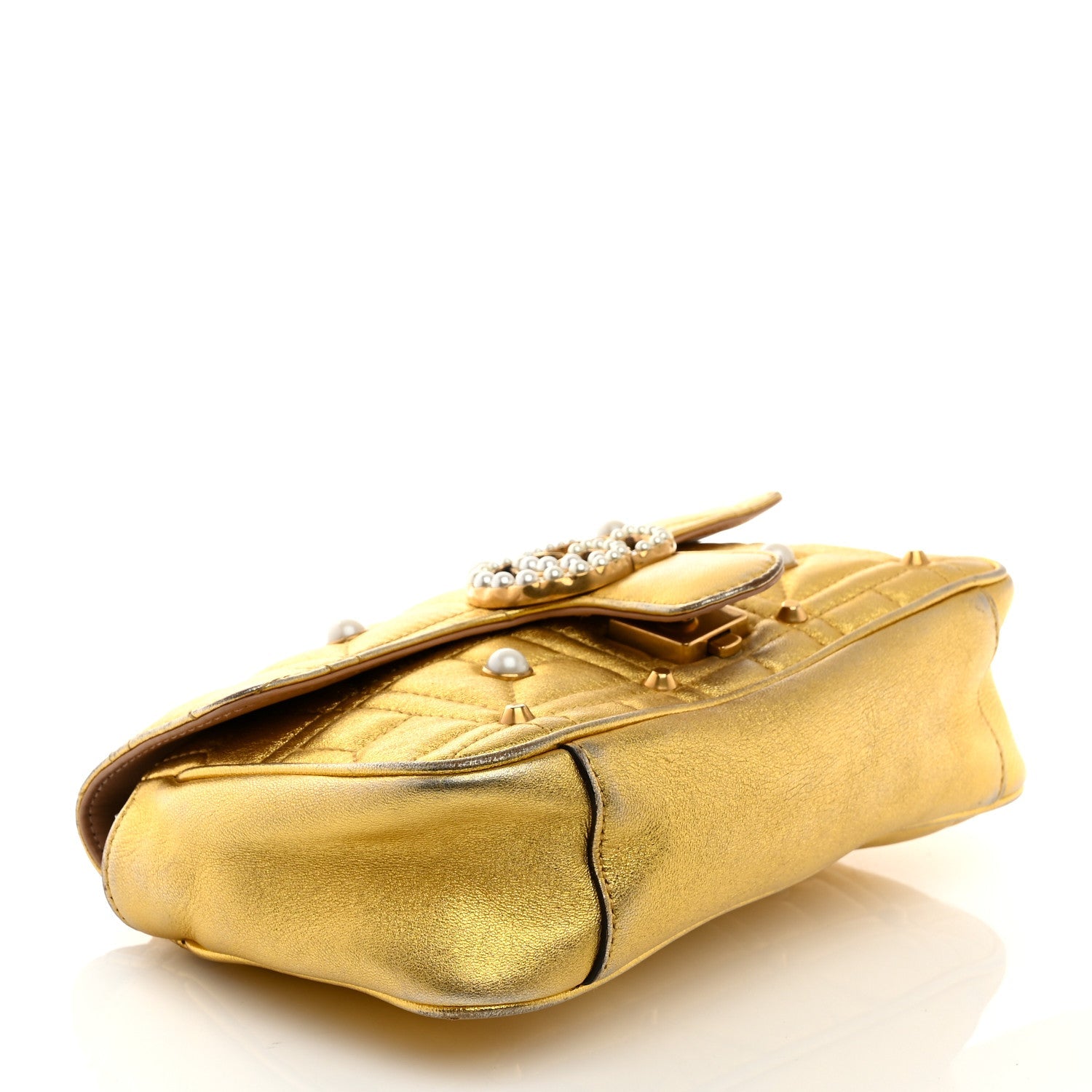 Metallic Calfskin Matelasse Studded Mini Pearly GG Marmont Shoulder Bag Gold