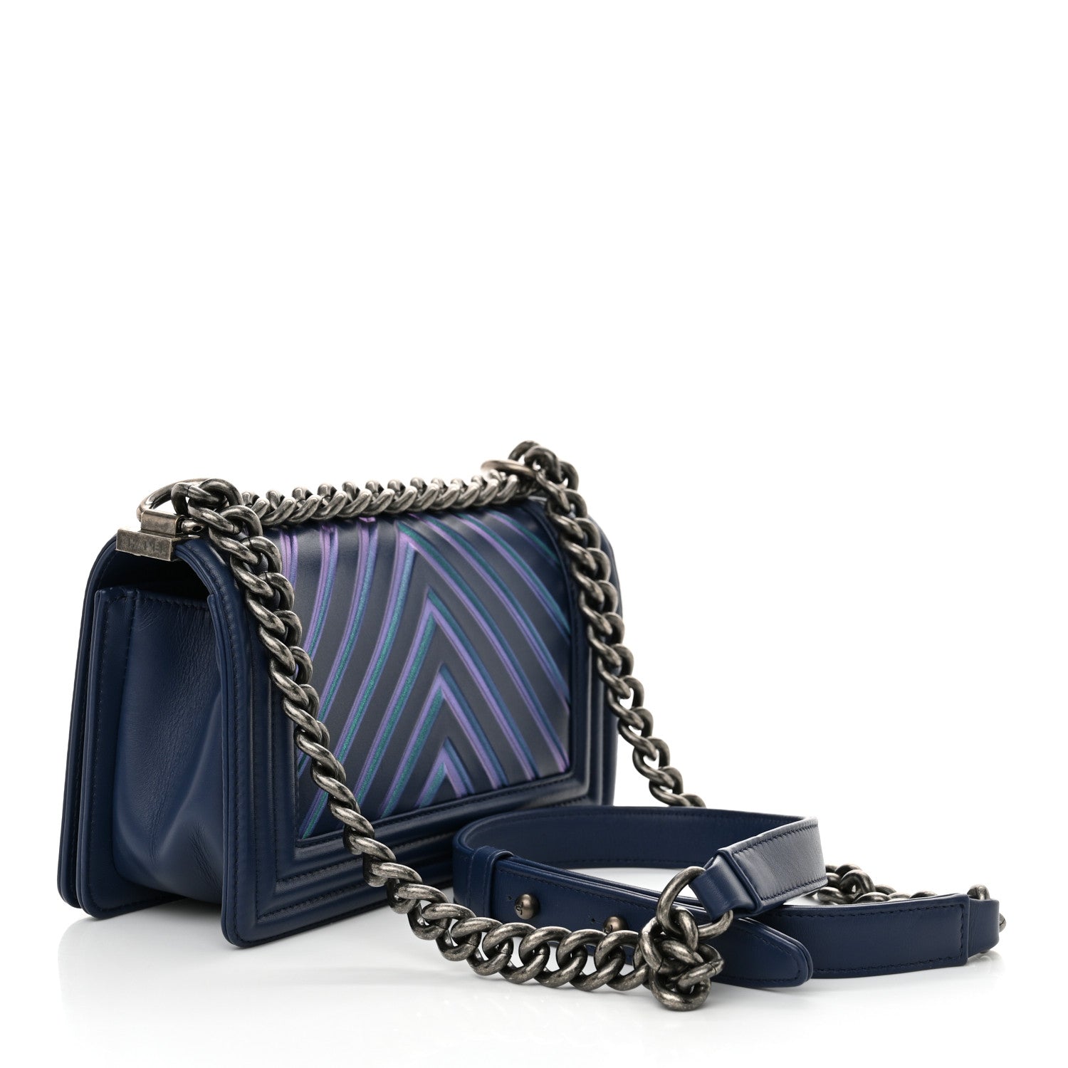 Calfskin Painted Chevron Embossed Small Boy Flap Dark Blue