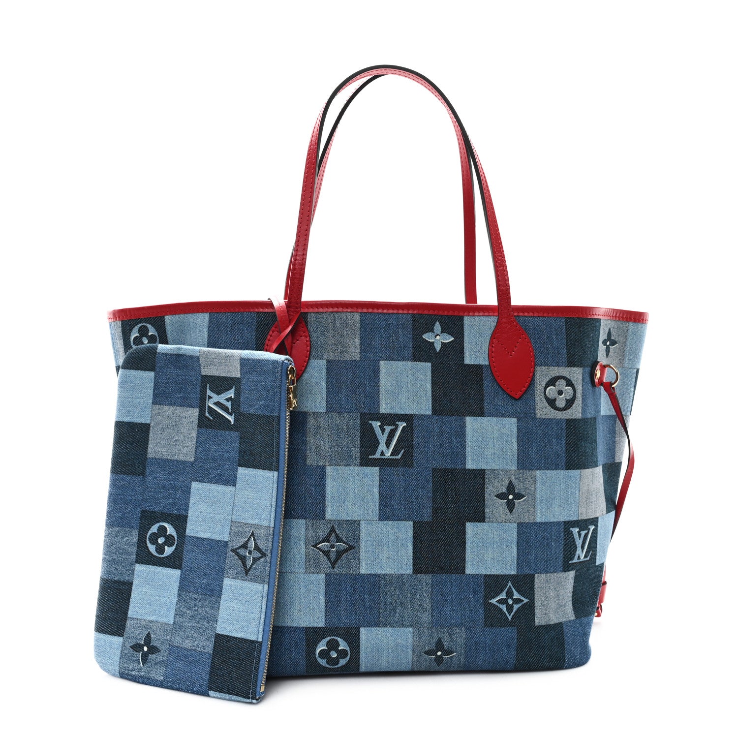Denim Damier Monogram Patchwork Neverfull Blue Rouge