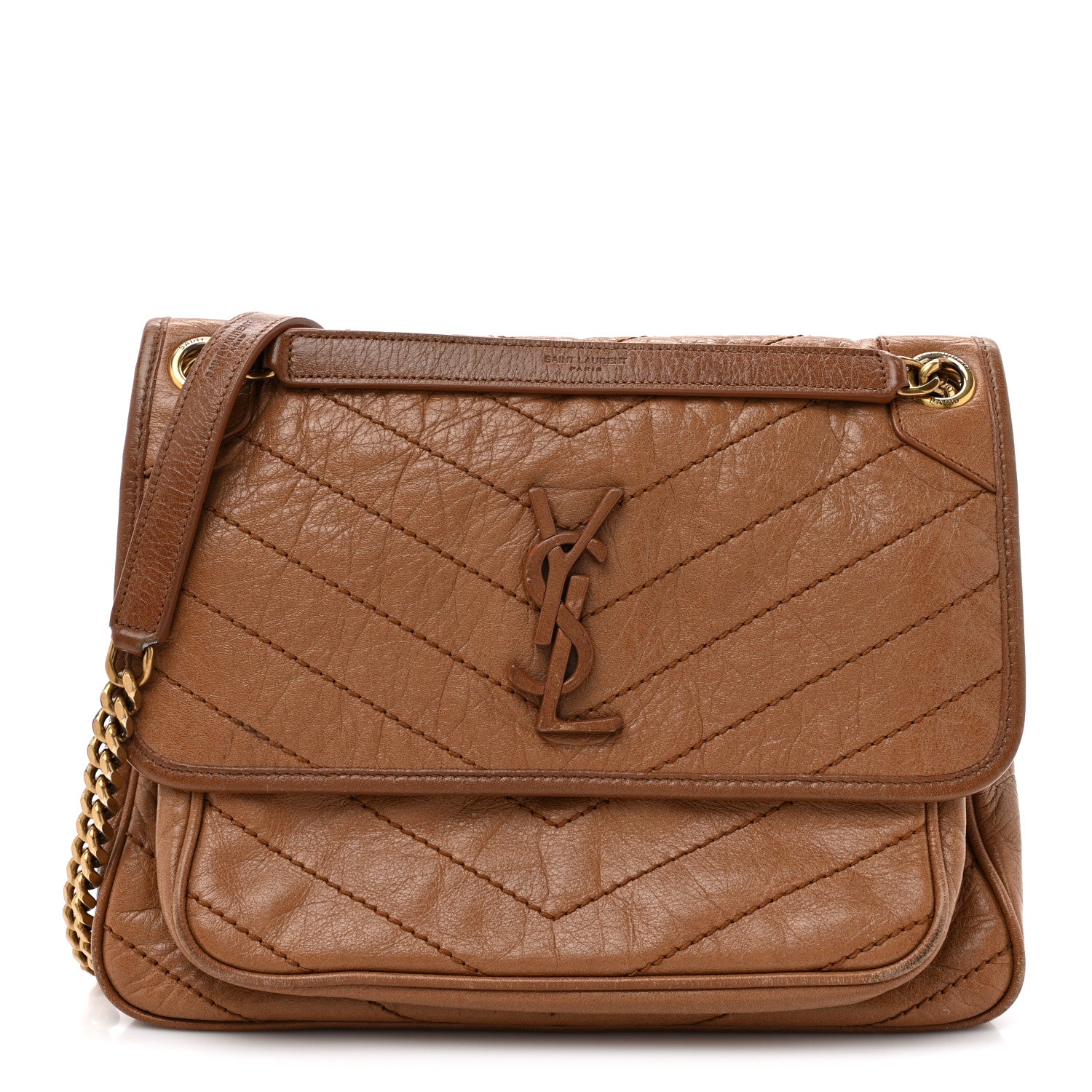 Crinkled Calfskin Matelasse Monogram Medium Niki Chain Satchel Caramel