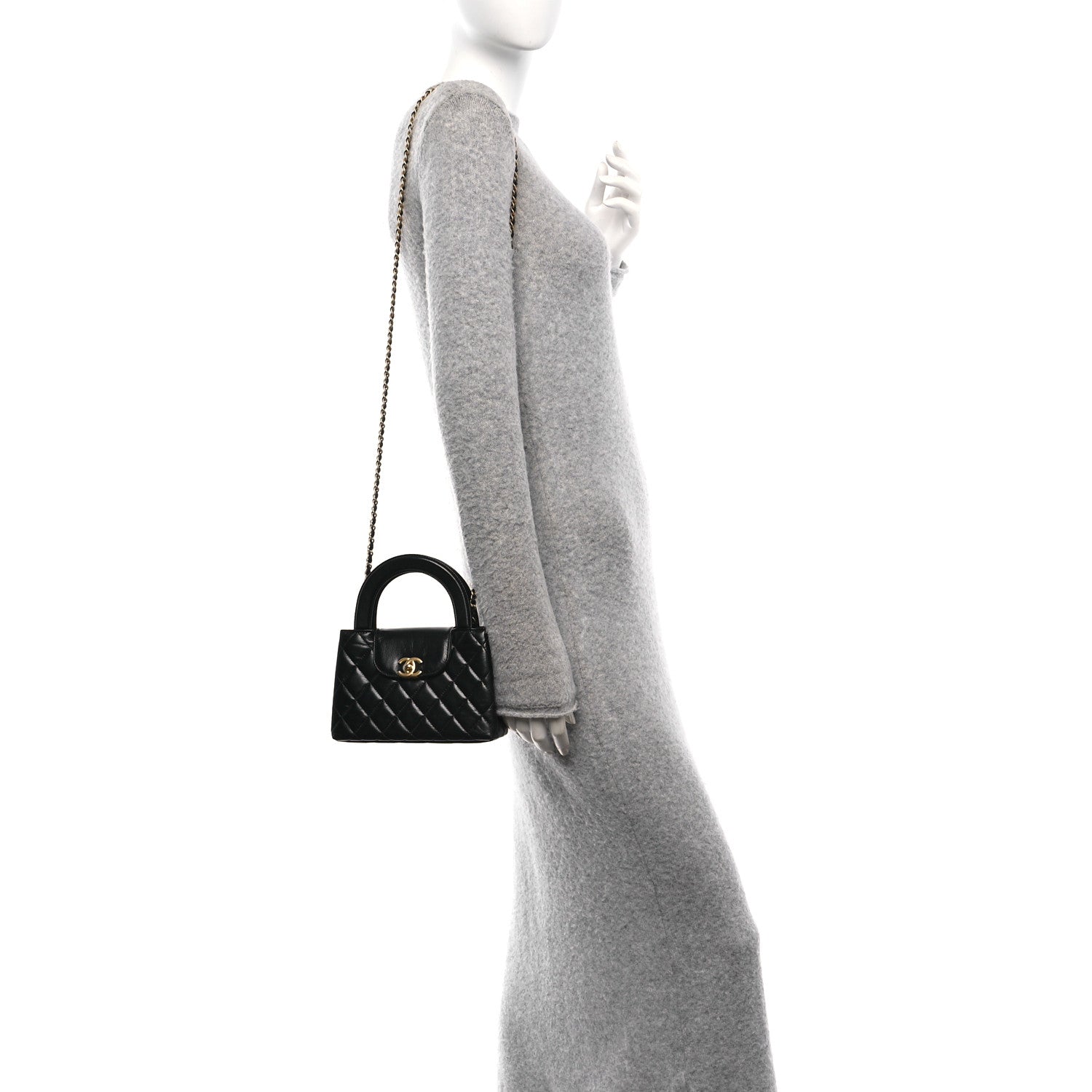 Shiny Aged Calfskin Quilted Nano Kelly Shopper Black