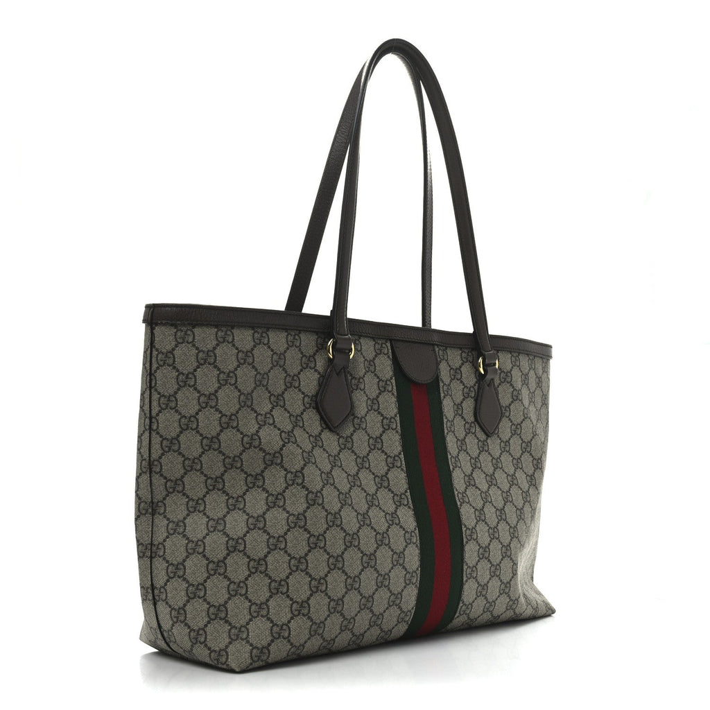 GG Supreme Monogram Textured Calfskin Web Medium Ophidia Shopping Tote Beige Ebony New Acero