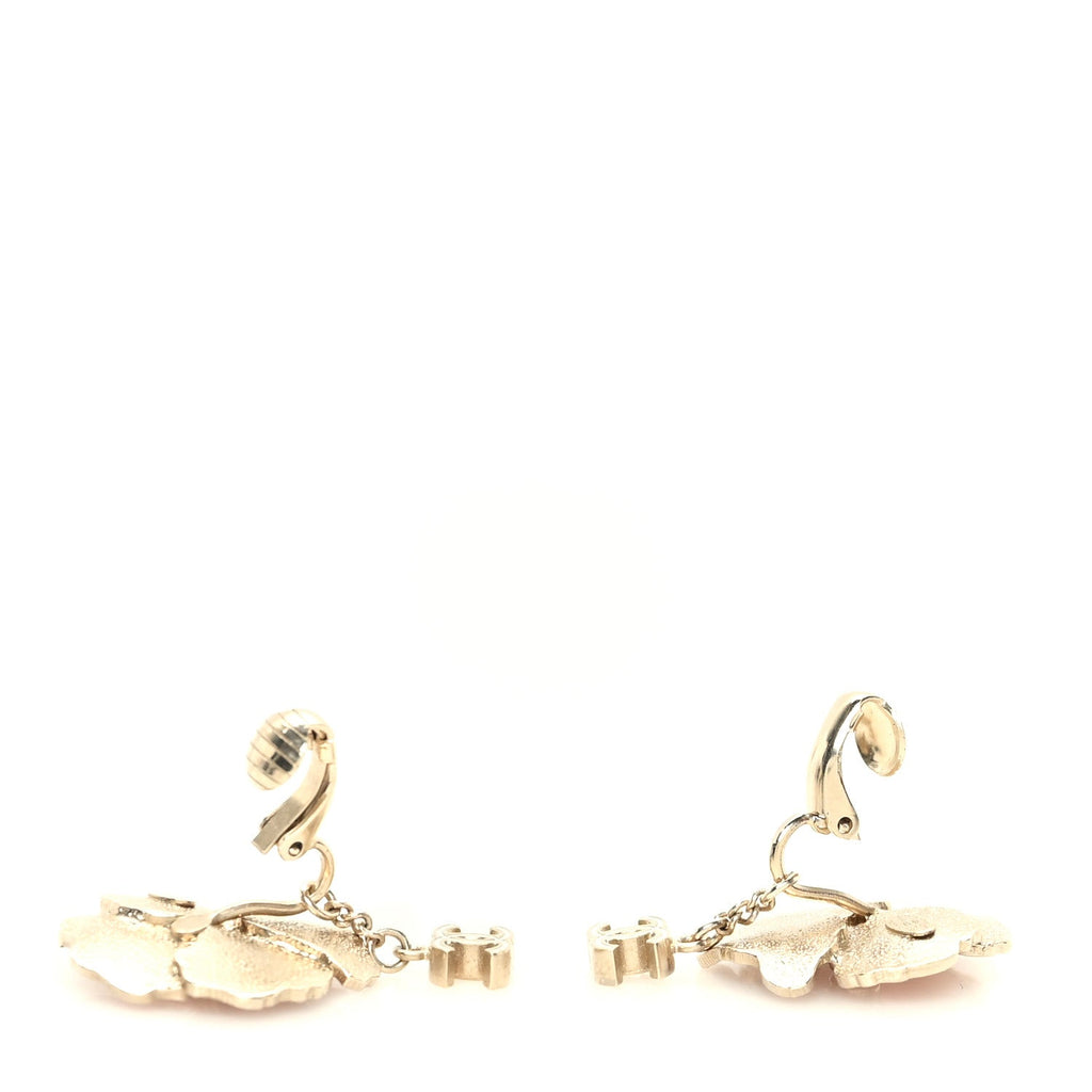 Enamel Crystal CC Camellia Drop Clip On Earrings Pink Gold