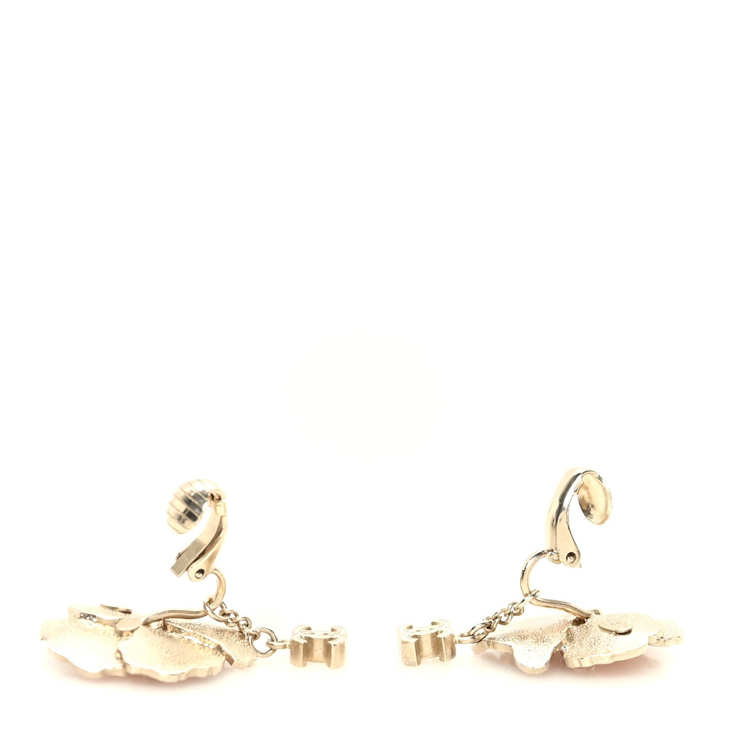 Enamel Crystal CC Camellia Drop Clip On Earrings Pink Gold