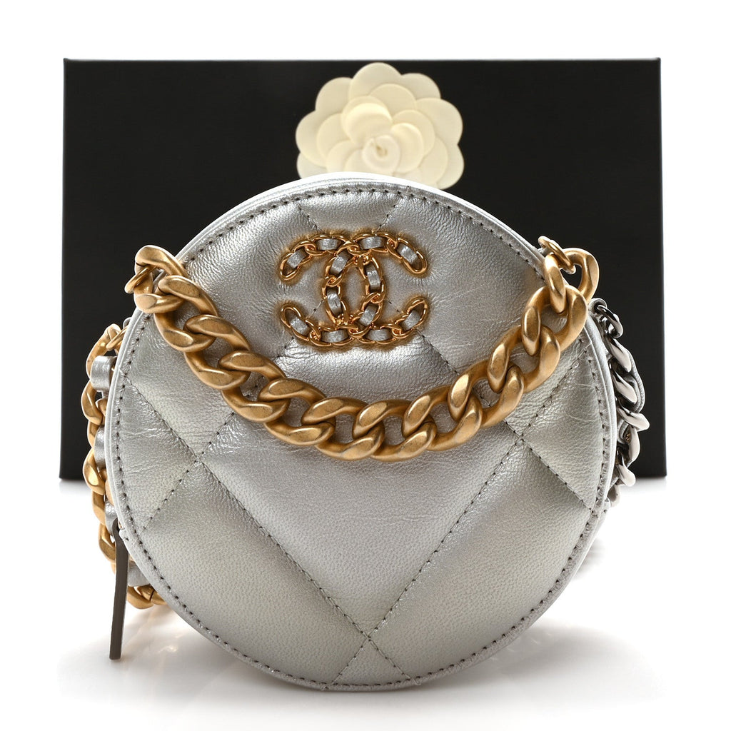 Metallic Lambskin Quilted Chanel 19 Round Clutch With Chain Silver