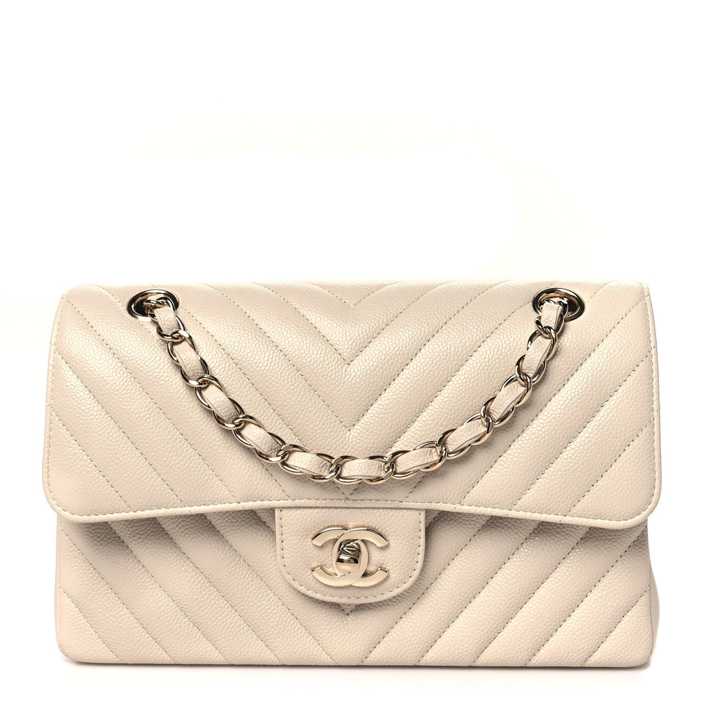 Caviar Chevron Quilted Small Double Flap Beige