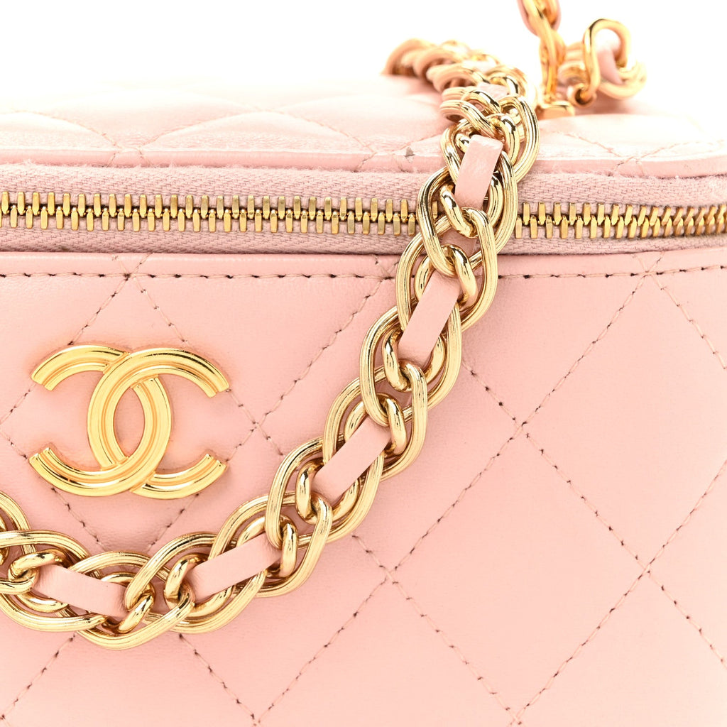 Lambskin Quilted Small Top Handle Vanity Case With Chain Light Pink
