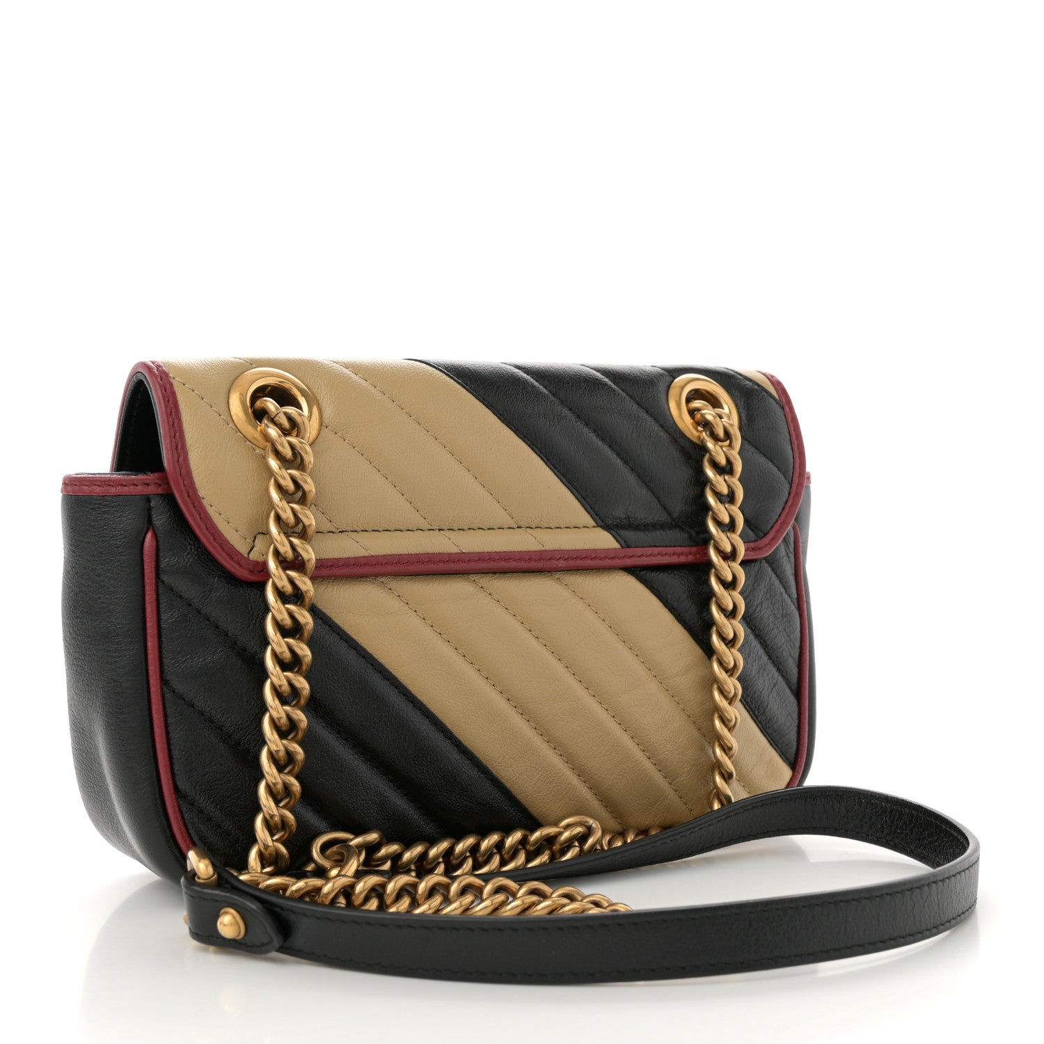 Vintage Effect Calfskin Matelasse Diagonal Striped Mini Torchon GG Marmont Shoulder Bag Black Beige