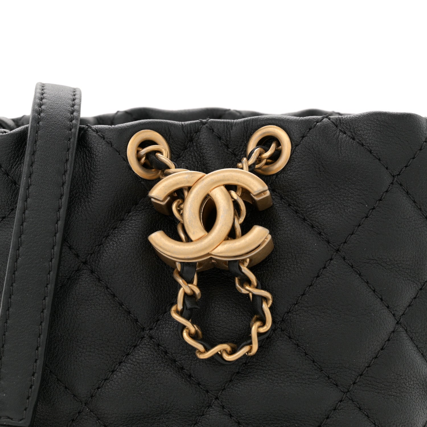 Calfskin Quilted Pearl Mini About Pearls Drawstring Bucket Bag Black
