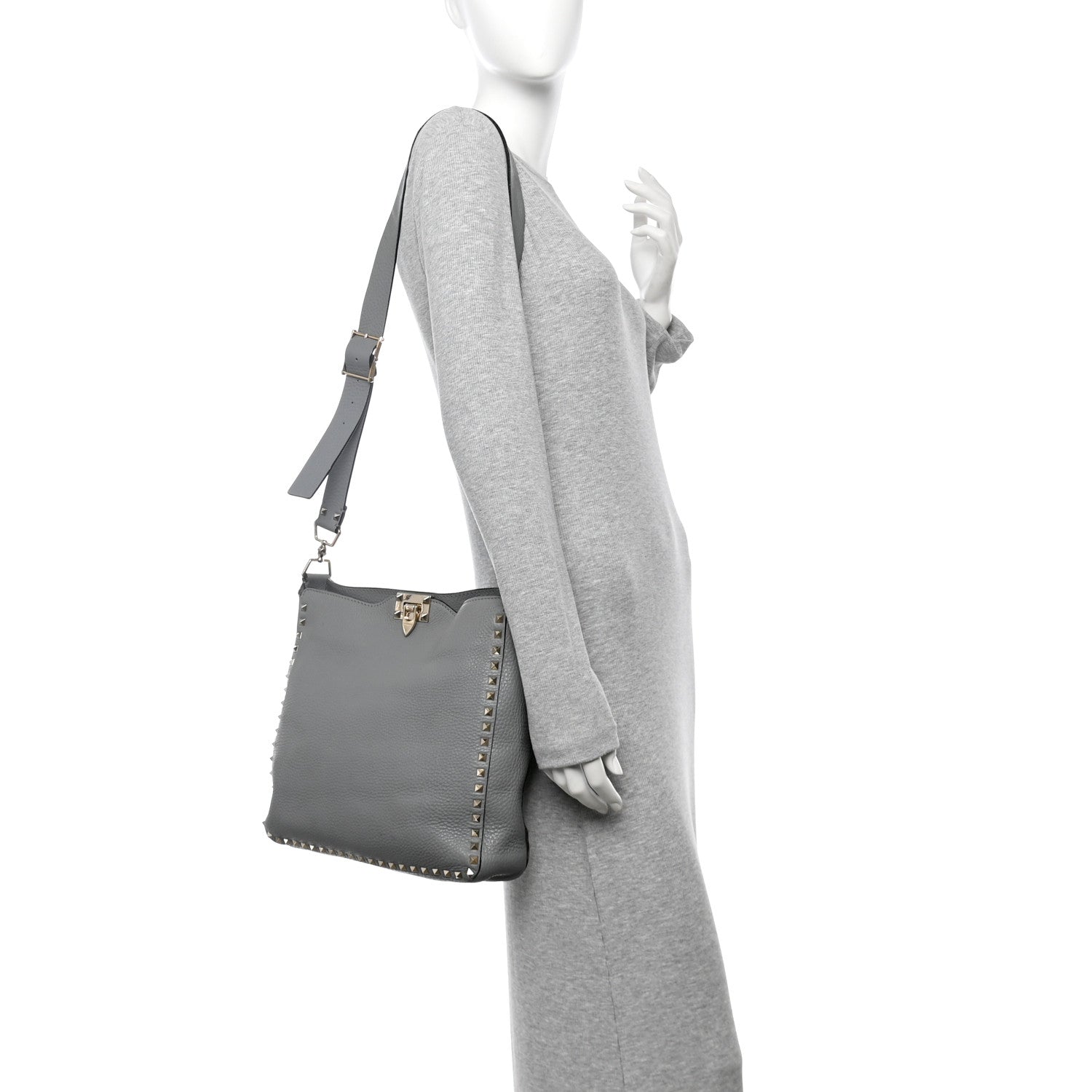 Pebbled Calfskin Small Rockstud Flip-Lock Messenger Bag Light Stone