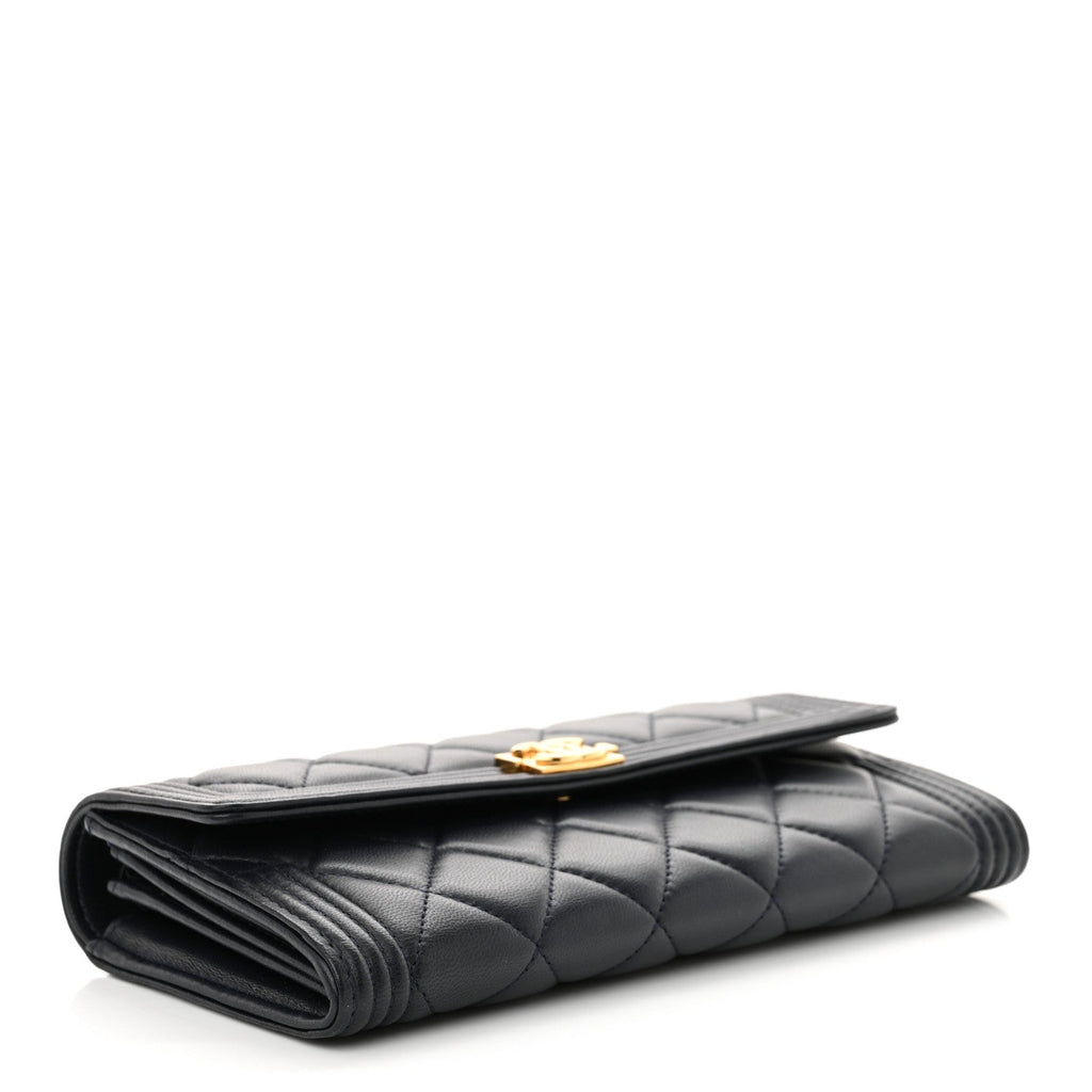 Lambskin Quilted Large Boy Gusset Flap Wallet Navy