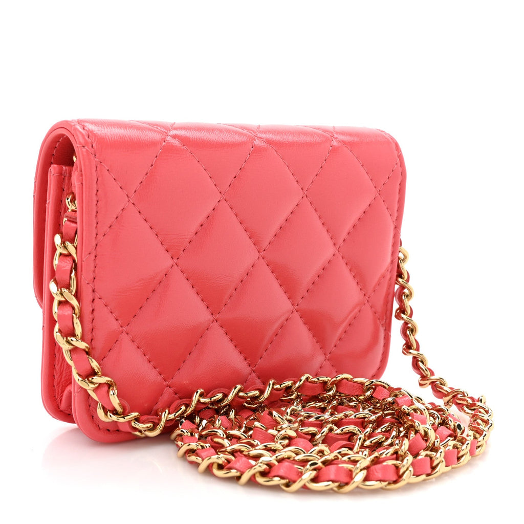 Shiny Lambskin Quilted  Holder On Chain Pink