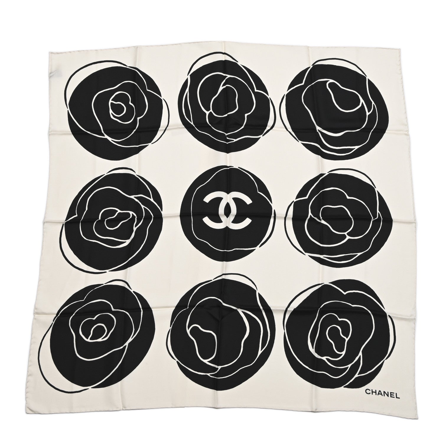 Silk CC Camellia Scarf Black White