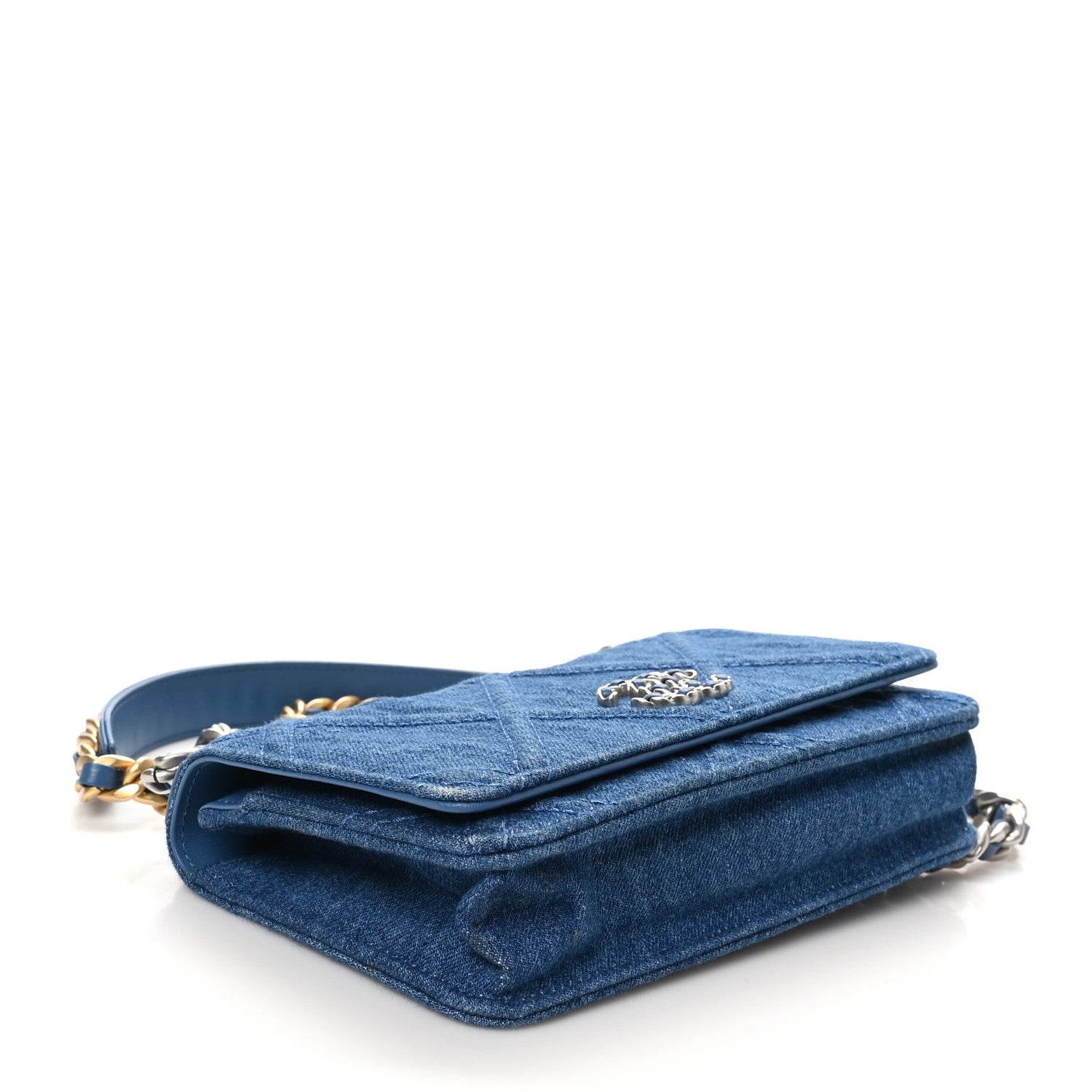 Denim Quilted Chanel 19 Wallet On Chain WOC Blue
