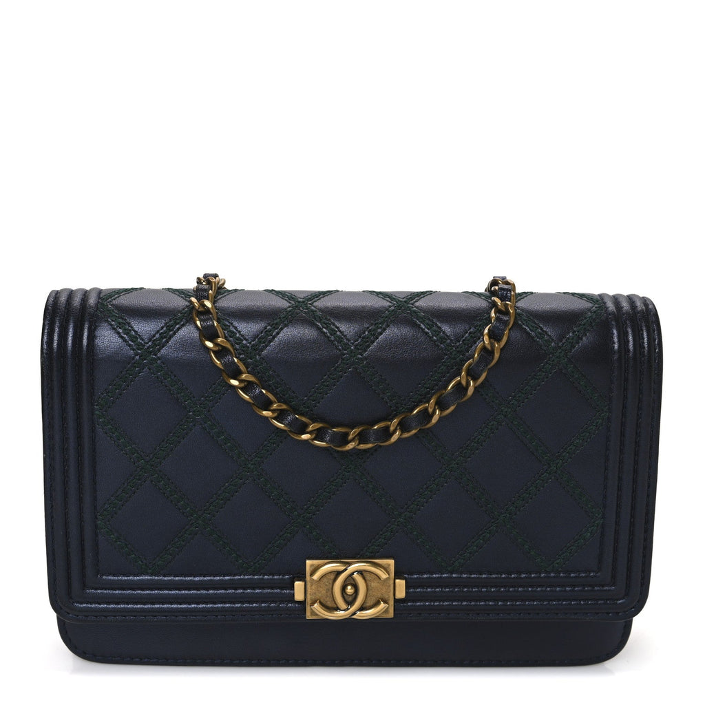 Calfskin Double Stitch Boy Wallet On Chain WOC Navy