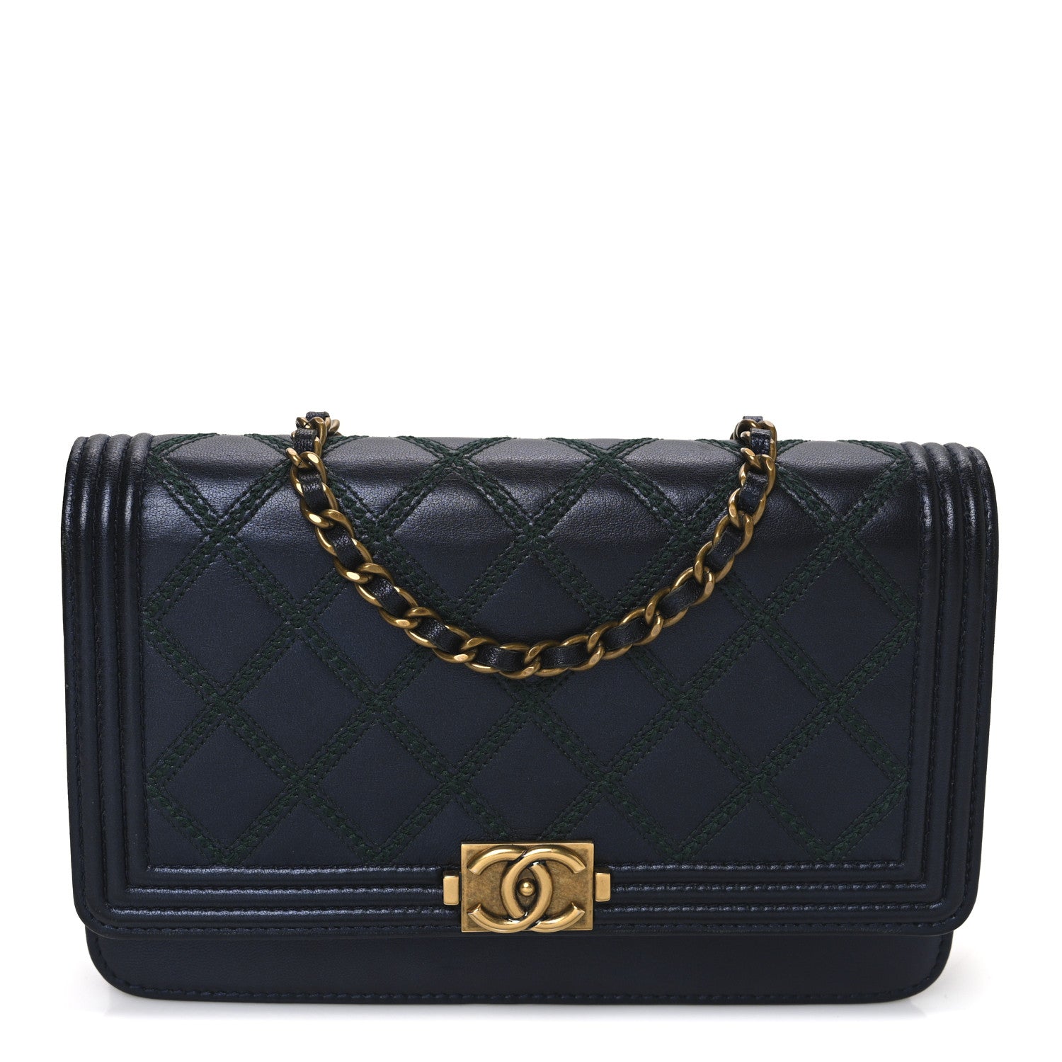 Calfskin Double Stitch Boy Wallet On Chain WOC Navy