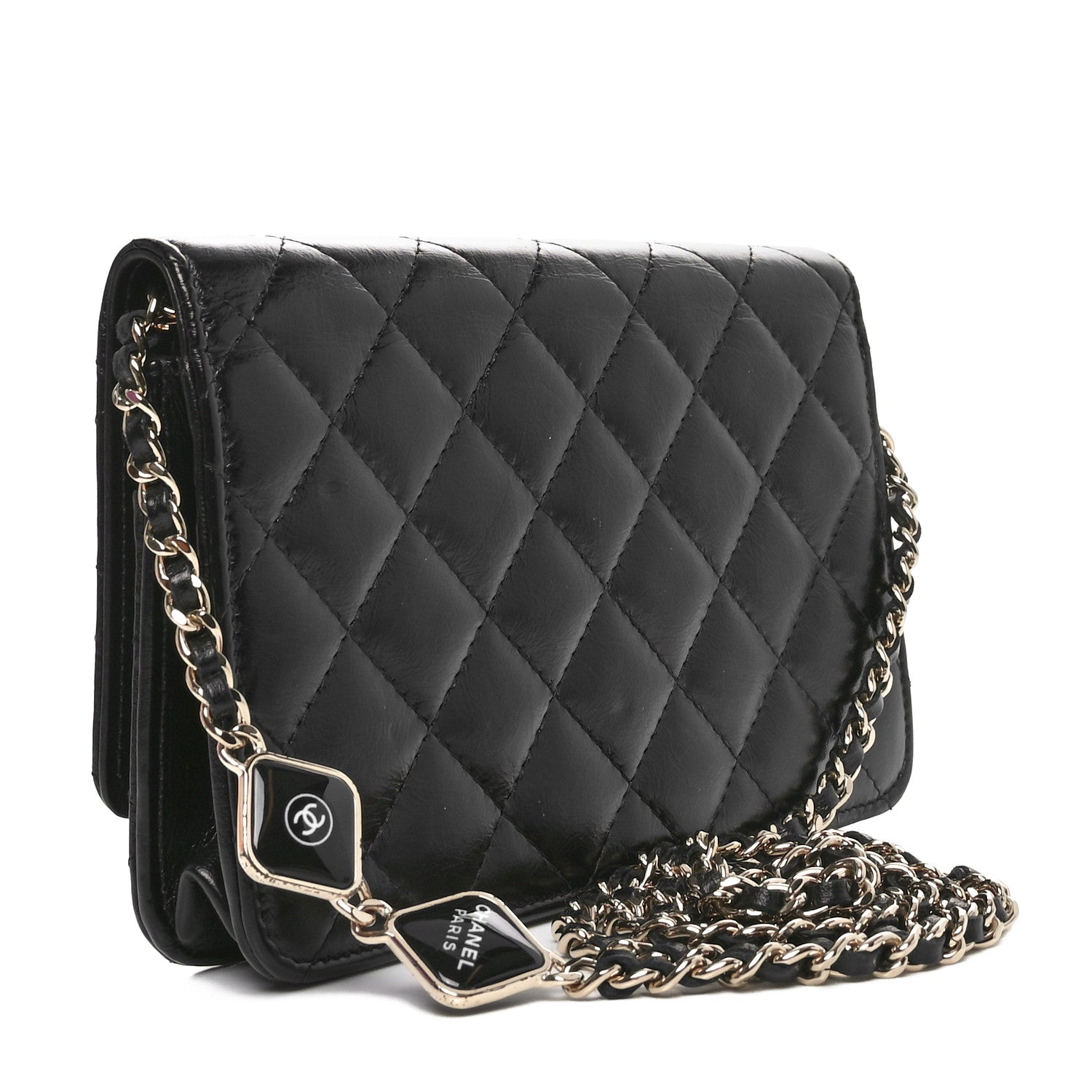 Shiny Aged Calfskin Enamel Logo Quilted Wallet On Chain WOC Black