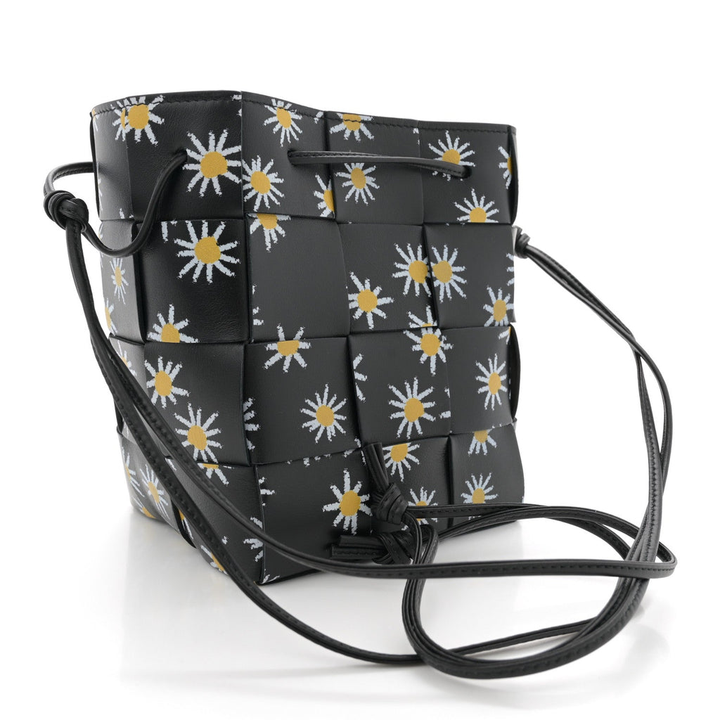 Nappa Maxi Intrecciato Daisy Print Small Cassette Bucket Bag Black White Yellow