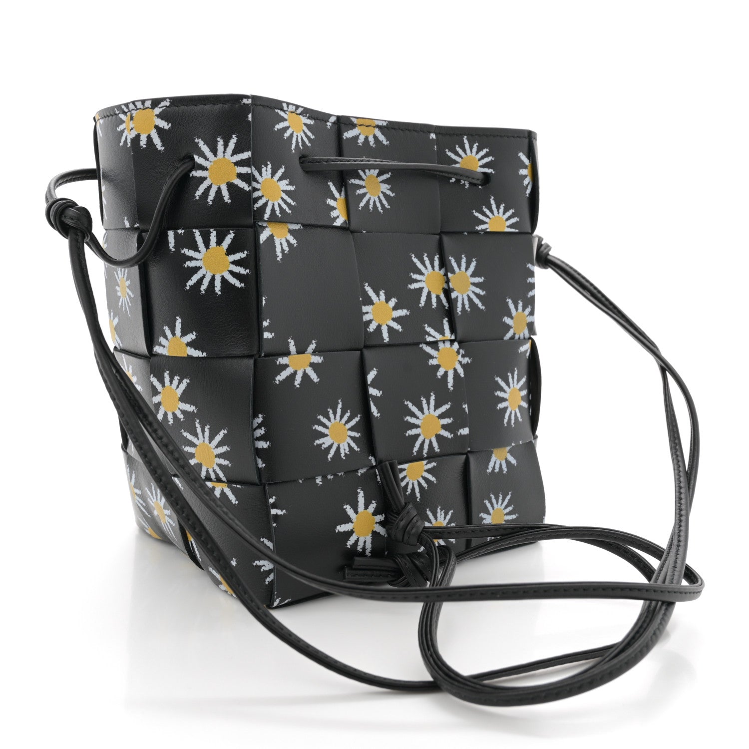 Nappa Maxi Intrecciato Daisy Print Small Cassette Bucket Bag Black White Yellow