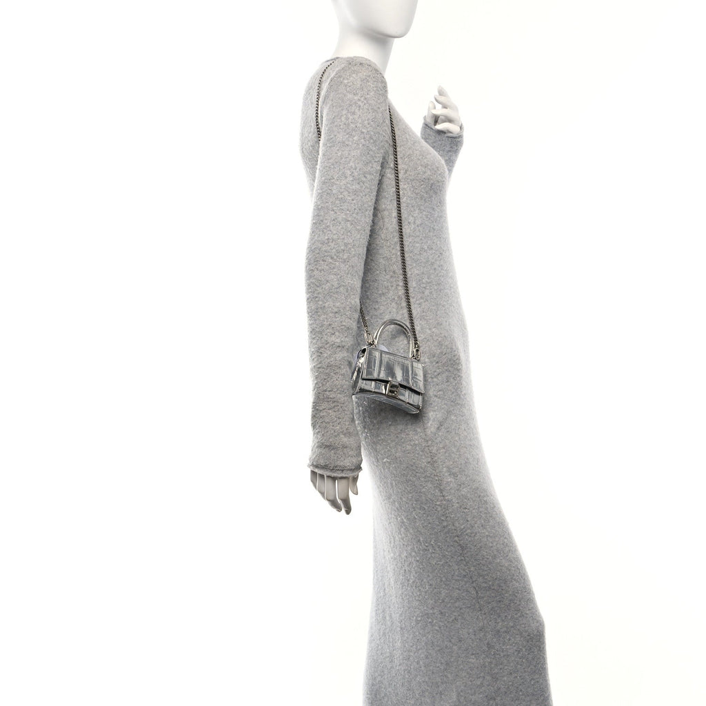 Metallic Calfskin Crocodile Embossed Hourglass Top Handle Bag Mini with Chain Silver